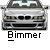 Pixelated image of a silver car with black accents and headlights, below which is the word 'Bimmer' in blocky black-and-white text.