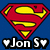 A pixelated Superman logo on blue background with 'Jon S' text and heart symbols below, next to 'iloveyou' text in black-and-white.