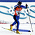 Pixelated static icon of a cross-country skier in motion with blue, red, and yellow colors on white background.