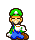 Pixelated character in green cap and blue overalls with white shirt, holding brown object; repeated across with subtle pose variations