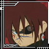 Pixelated character with brown hair, black eye patch, red earrings, and blue tear-like marks under eyes, labeled 'KNIGHT' in white text on black bar.