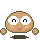 Pixelated brown character with large white eyes, pink cheeks, and a small smile in four distinct poses against gray background.
