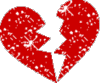 Three red broken heart icons with white sparkles on a gray background, each showing different break patterns.