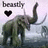 Pixelated image of a green elephant with raised trunk and tusks, a black heart symbol, and the word 'breathy' in dark gray text above.