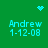 Green background with cyan text 'Andrew' and date '1-12-08', four identical , top-left heart icon, top-right starburst icon, center dot pattern