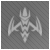 Pixelated grayscale icon of a winged figure with outstretched arms and a tall central headpiece on a checkered background.
