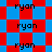 red and blue diamond-shaped with the text 'ryon' repeated in black pixelated font across all visible sections
