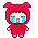 Pixelated character in red hooded outfit with green bow tie crying, shown in four variations with differing arm positions against gray background.