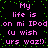 Pixelated text in pink and green on black background, repeating 'My life is on mi IPod (u wish urs waz!)' with green dots scattered across.
