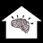 Pixelated white house outline with a brown and gray pixelated animal head inside, black background.