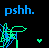Blue pixelated text 'pshh.' above a green and blue abstract shape with a small heart on black background.