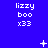 Blue background with repeated white text 'lizzy boo x33' in a pattern and scattered small white symbols including plus signs, asterisks, dots, and an X