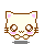 Four pixel-art cat faces with brown outlines, pink inner ears and cheeks, white eyes with brown pupils, and small whiskers displayed in a