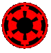 Red circular icon with black star-like symbol rotates through multiple angles against gray background.