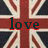 Union Jack flag background with red-outlined dark green text reading 'love' centered over the cross.
