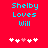Red background with cyan text 'Shelby Loves Will' and five white/pink pixelated hearts below, two versions of the heart arrangement visible.