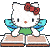 A 4-frame animated contact sheet of a Hello Kitty character with blue wings and red bow, positioned above an open book in pixel art style.