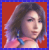 A woman with shoulder-length brown hair and blue earrings wears a pink sleeveless top against a red background, framed by a blue dotted border.