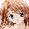 Anime-style character with light brown hair and large dark eyes, wearing a white top with a collar, static image.