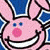 Pink cartoon rabbit with blue eyes and red nose smiles widely against a blue background, text below reads 'KISS this' in pink letters.