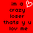 Red background with black pixelated text and a white heart symbol, displaying 'im a crazy loser thats y u lov me' in two identical vertical
