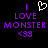 Pixelated graphic with purple text and symbols on black background, featuring 'I LOVE MONSTER <33' and a white heart outline.