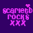 Pixelated purple text on dark purple background with animated heart and sparkles above 'scarletb rocks 6 xxx' in four variations.