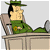 A pixelated cartoon character in green attire reclines on a chair with crossed legs, next to a green background displaying "Original Icons .com" text.