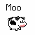 Animated pixel art of a cow with black-and-white patches and pink nose, surrounded by text variations reading 'Moo', 'love me', and 'love my' in multiple