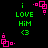Green text 'i LOVE HIM <3' on black background with pink pixel-art symbols in corners, animated pink symbols shift position across frames.