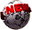 A spherical object with a textured gray surface and red accents displays the word "NEW" in bold red letters across its top, arranged in four of four icons each