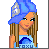 Animated contact sheet showing a pixel-art character with long brown hair wearing a blue cap and shirt, surrounded by scattered white text fragments on a gray background.