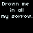Pixelated white text on black background repeats 'Drown me Drown me in all in all my sorrow. my sorrow.' across two