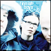 Two side-by-side show a person with light hair and glasses in blue clothing against a bright background, with text above reading 'finnish boys' and a star symbol