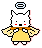 Pixel art angel character with white cat-like head, red cheeks, black eyes and mouth, yellow dress, brown belt, light blue halo; left side shows pink outline around wings, right side does not.