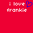 Red background with white pixelated text 'i love frankie' and a blue heart symbol replacing the word 'love' in one version.