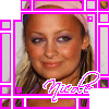 Two side-by-side frames of a person with light brown hair wearing a pink headband and purple top, framed by bright pink geometric borders.