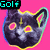 Two pixelated black cat heads with glowing eyes and neon outlines against a pink background, labeled 'Golf' and 'Wong'.