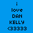 Blue background with black pixelated text reading 'i love DAN KELLY <3333' arranged vertically, where the highlighted changes across frames