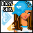 Pixel art contact sheet of six animated frames showing a cartoon girl with long brown hair wearing a blue cap and white top, each frame displaying slight variations in facial expression and text styling.
