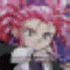 Pixelated character with pink hair and blue outfit in multiple poses against a building background, showing animation frames.
