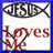 Two side-by-side show a fish symbol above text reading 'Loves Me' with the left in red and black, right in black only