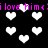 Pixelated pink text "i love him" repeats across black background with white heart shapes scattered throughout, some hearts slightly blurred or overlapping.