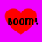 Four red heart shapes on a bright pink background, each containing the text 'BOOM!' in black pixelated font.