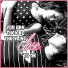 A black-and-white image with pink accents shows a person in a polka-dot dress holding a pink saxophone, with overlaid text reading "YOU ARE THE ONE THAT LIES TO ME".