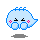 Four pixelated blue ghost-like figures with pink cheeks and black eyes, each in distinct poses with musical notes above their heads.