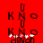 Red background with dark brown pixelated text 'KNO' and partial letters, white star-like shapes at bottom, animated sparkles on the right side.