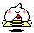 Pixelated character with white body, pink cheeks, and yellow arms holds a layered cake slice; four variations show subtle pose changes.