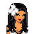 Pixel art of a female character with long dark hair, white flower, and orange skin, wearing white top and black pants with silver details, shown in multiple views including full body and close-up head.