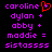 Purple pixelated text on black background lists names with symbols, where 'caroline' has a red heart symbol in the first frame and a plus sign in the second.